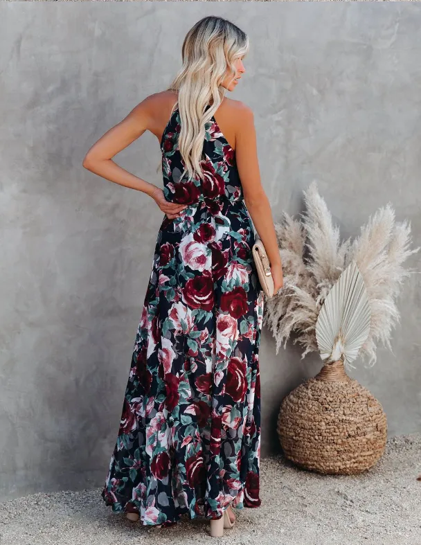 BerryBetty - Bohemian Sexy Halter Print Split Maxi Dress Women Sleeveless Boho Beach Summer Dress