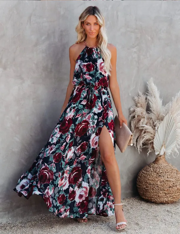 BerryBetty - Bohemian Sexy Halter Print Split Maxi Dress Women Sleeveless Boho Beach Summer Dress