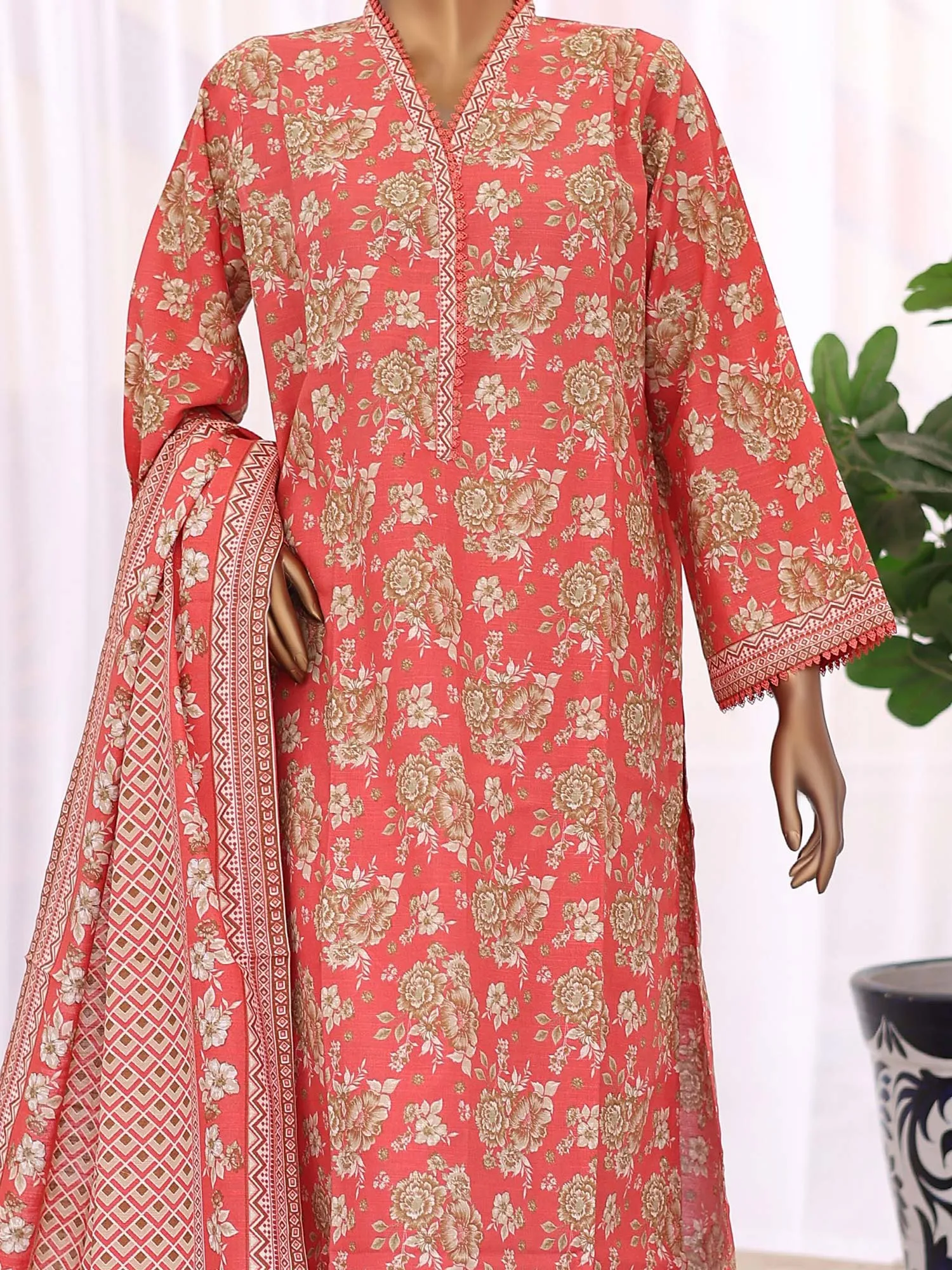 Bin Saeed Winter Khaddar Coral Pink 3-Piece Suit