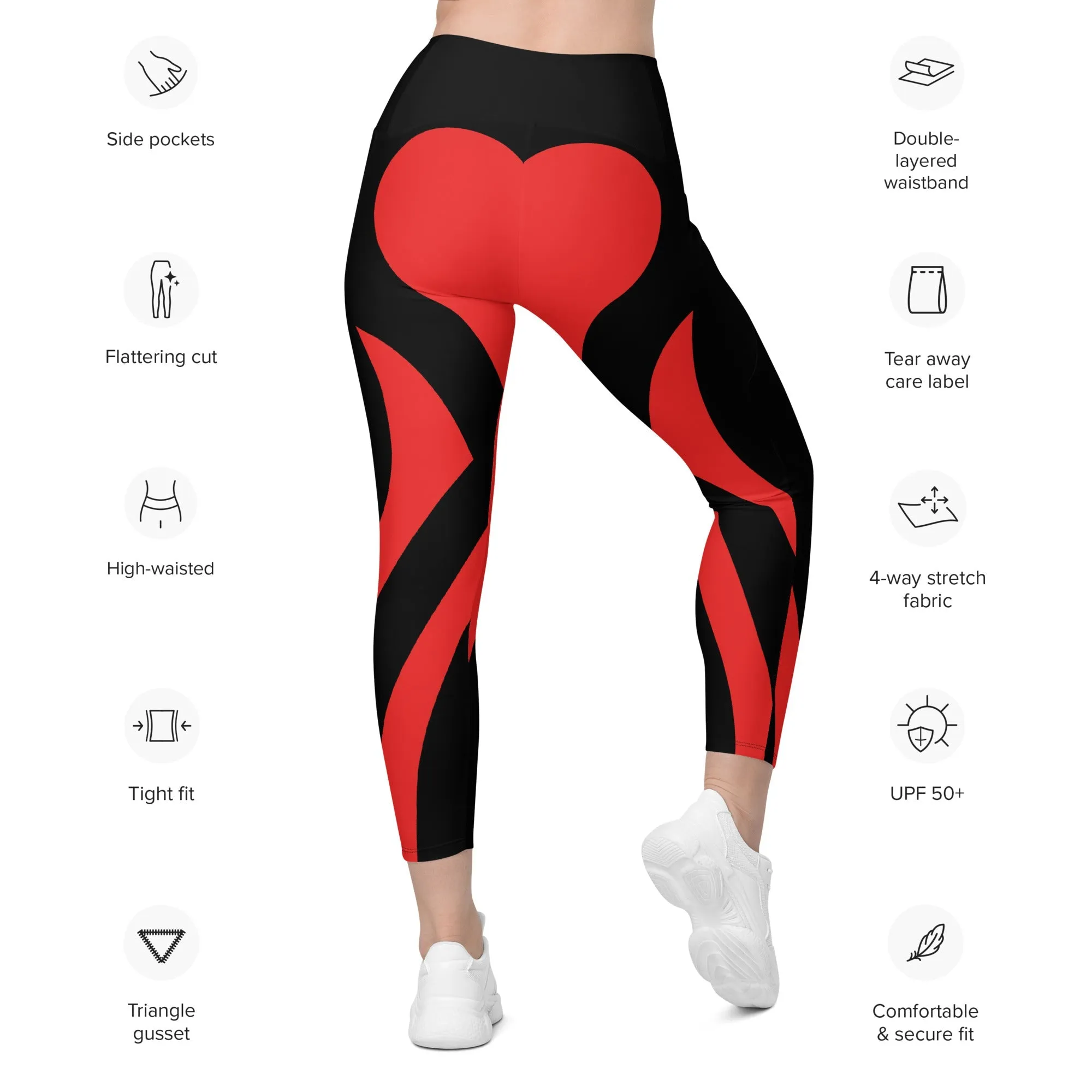 Black & Red Heart Shaped Leggings With Pockets