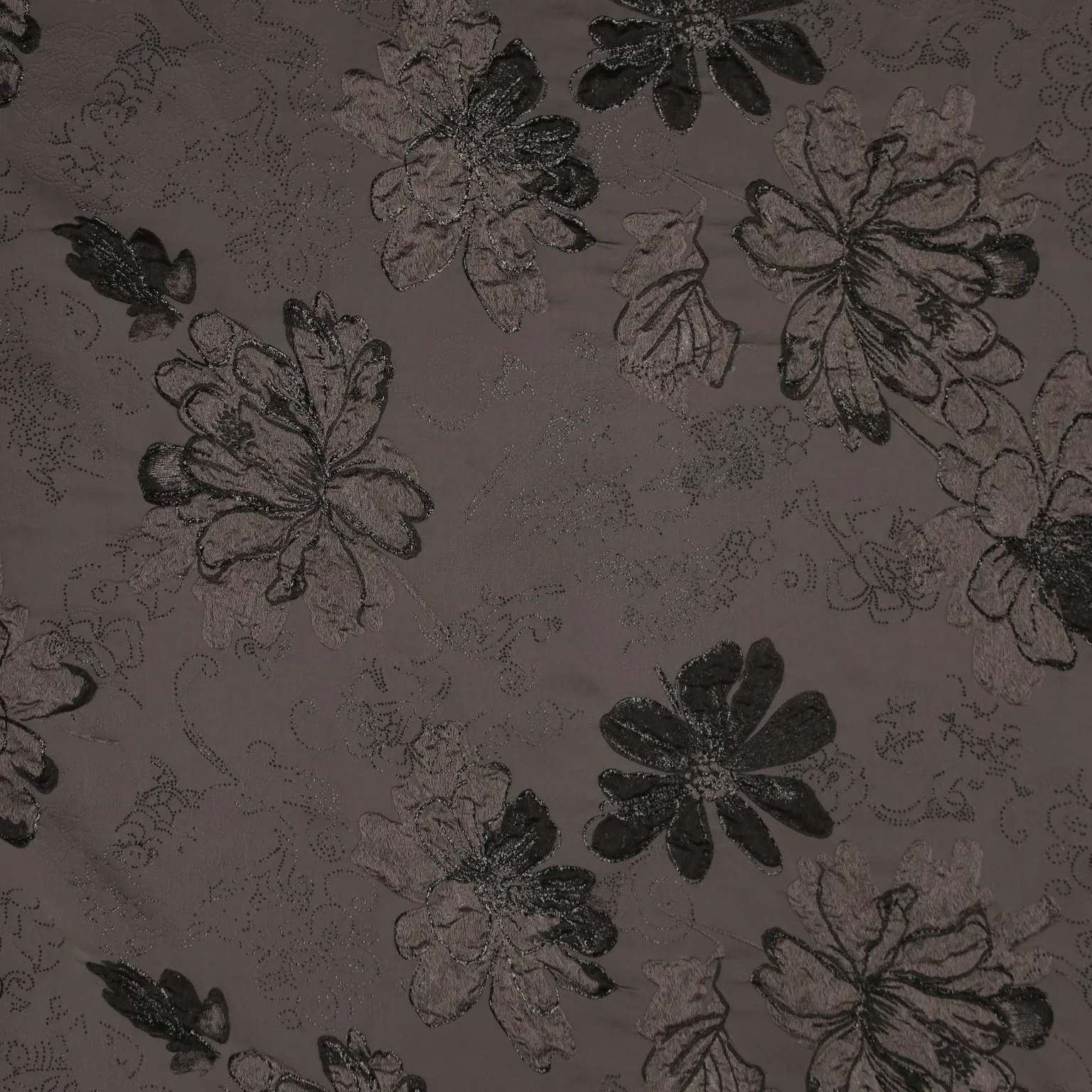 Black and Grey Floral on Silver Abstract Textured Brocade Fabric