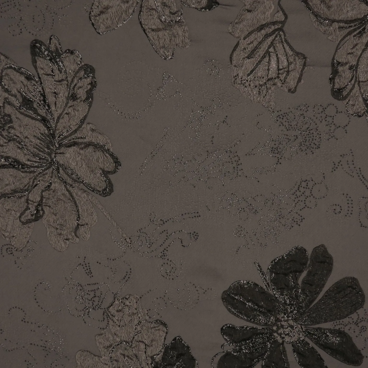 Black and Grey Floral on Silver Abstract Textured Brocade Fabric