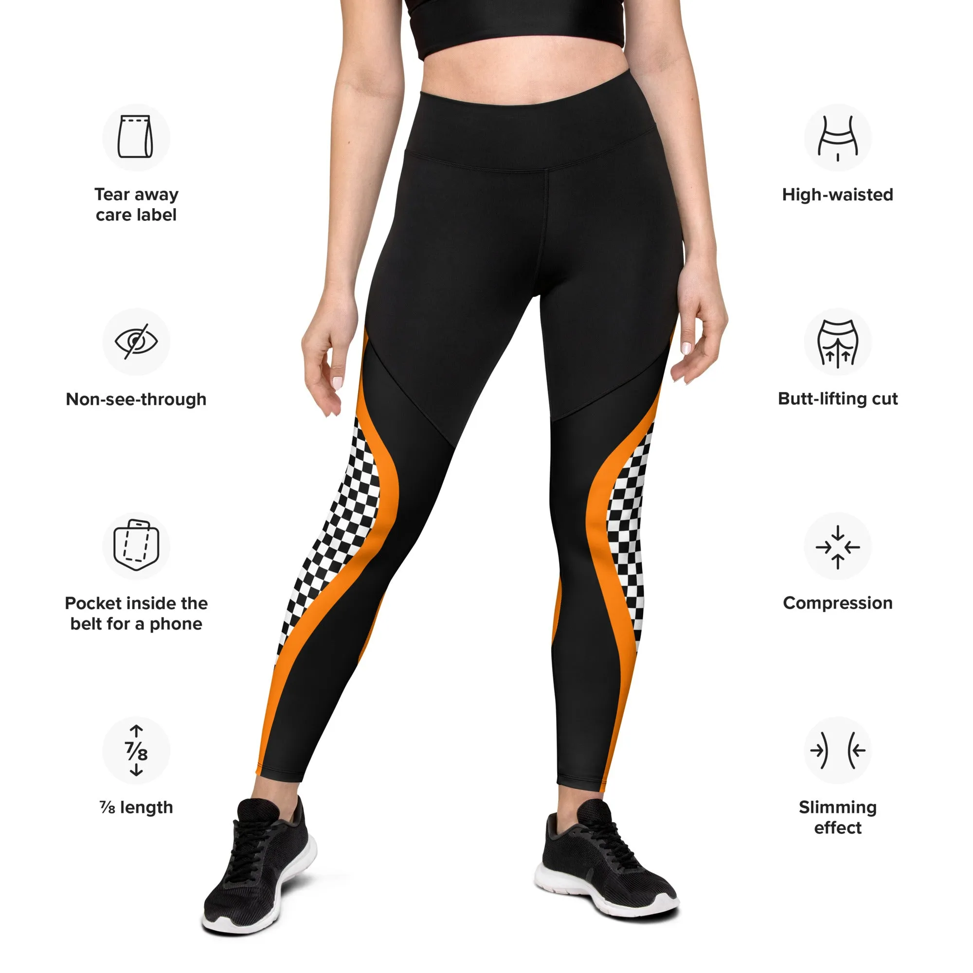 Black and Orange Checkered Compression Leggings