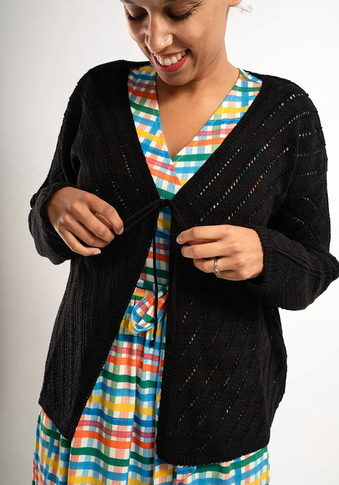 Black Diagonal Pointelle Cardigan