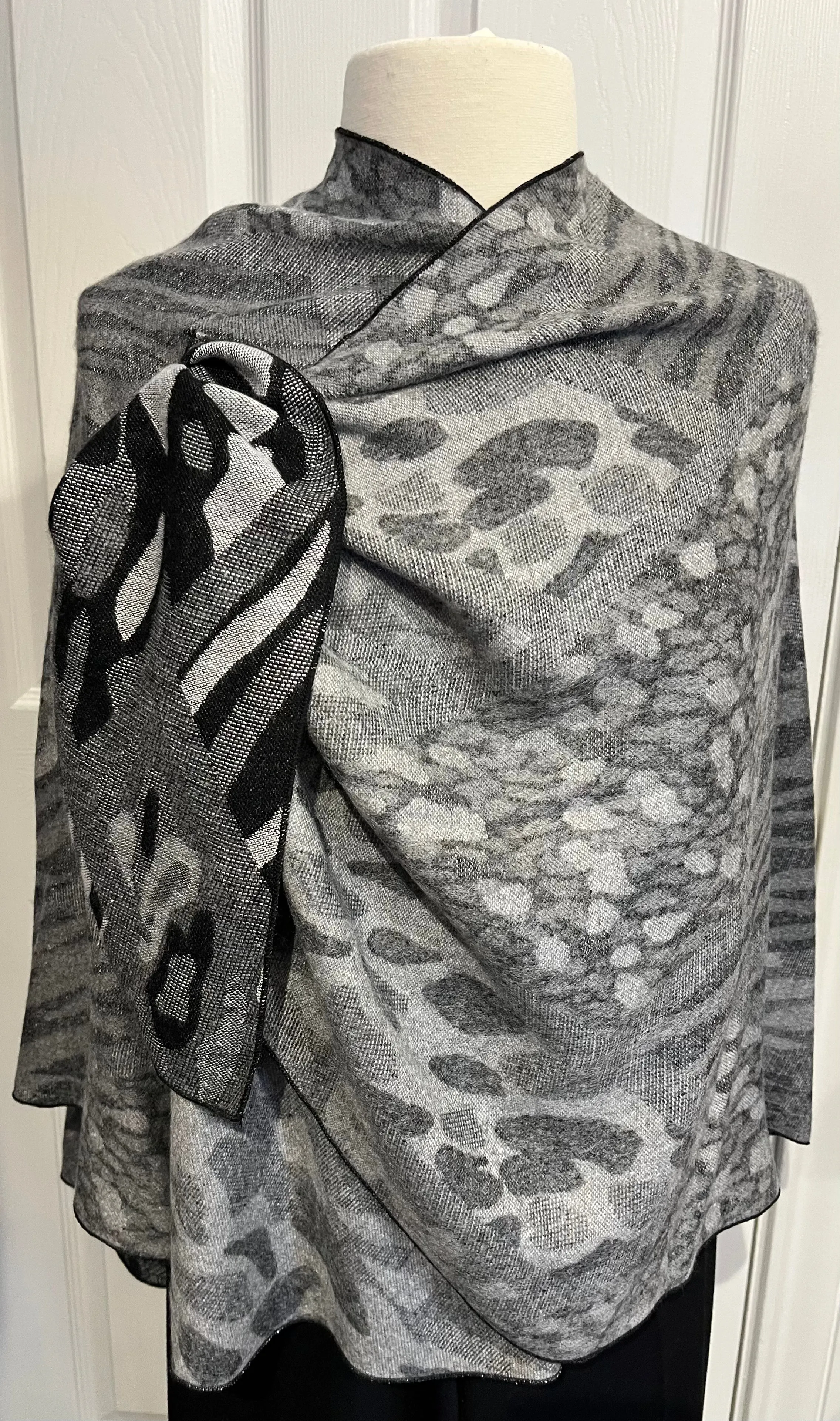 Black, Grey & White Leopard Reversible Cashmere Shawl