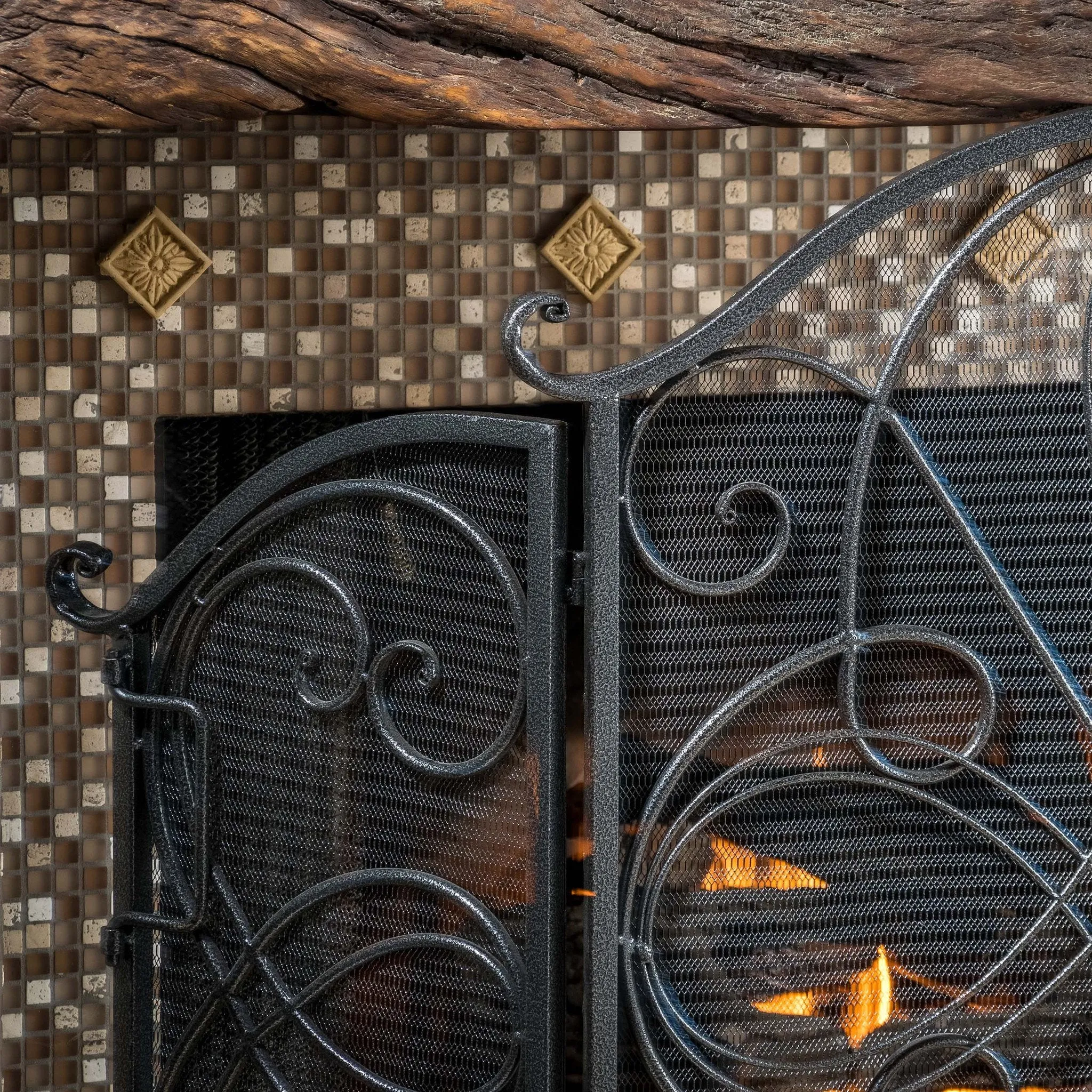 Black Silver Finish Floral Iron Fireplace Screen - NH644592