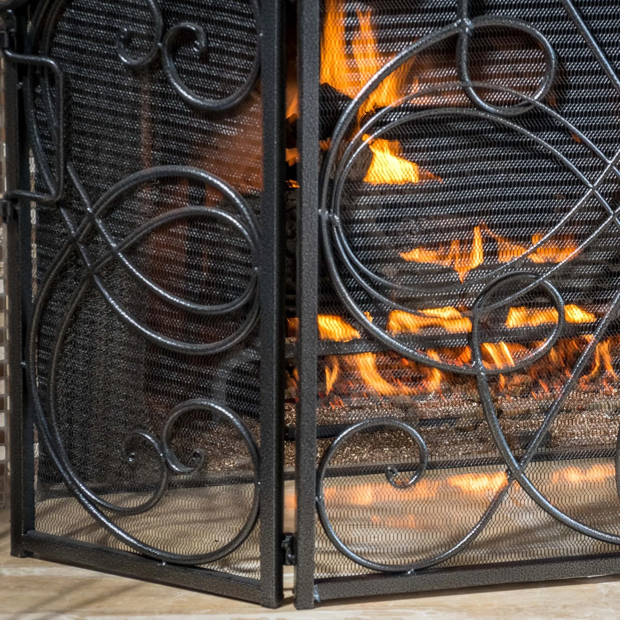 Black Silver Finish Floral Iron Fireplace Screen - NH644592