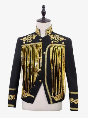 Black Vintage Top Sequin Tassel Coat Long Sleeves Retro Costumes For Man