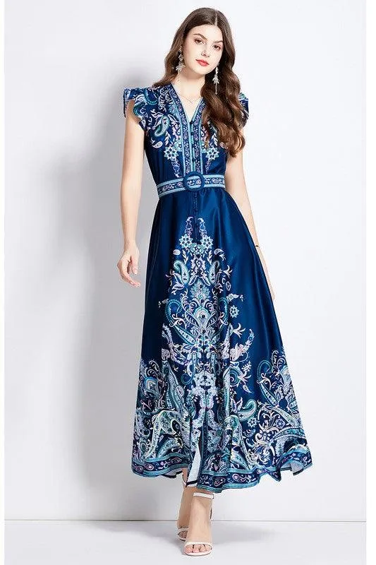 Blue Flutter Cap Sleeve Maxi Dress