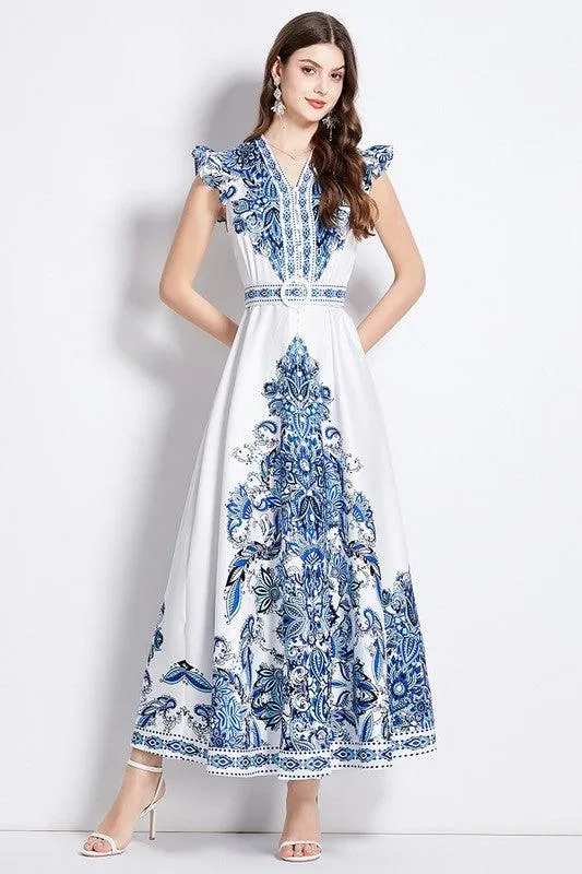 Blue Flutter Cap Sleeve Maxi Dress