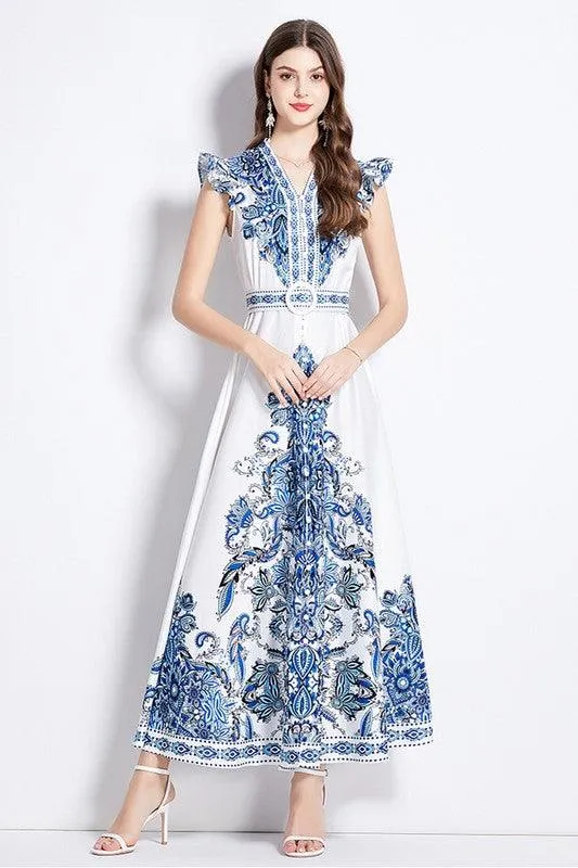 Blue Flutter Cap Sleeve Maxi Dress