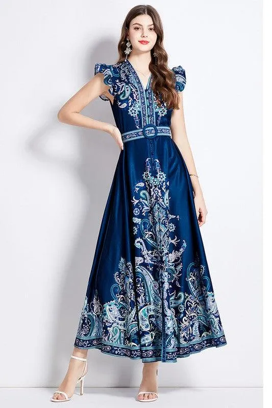 Blue Flutter Cap Sleeve Maxi Dress