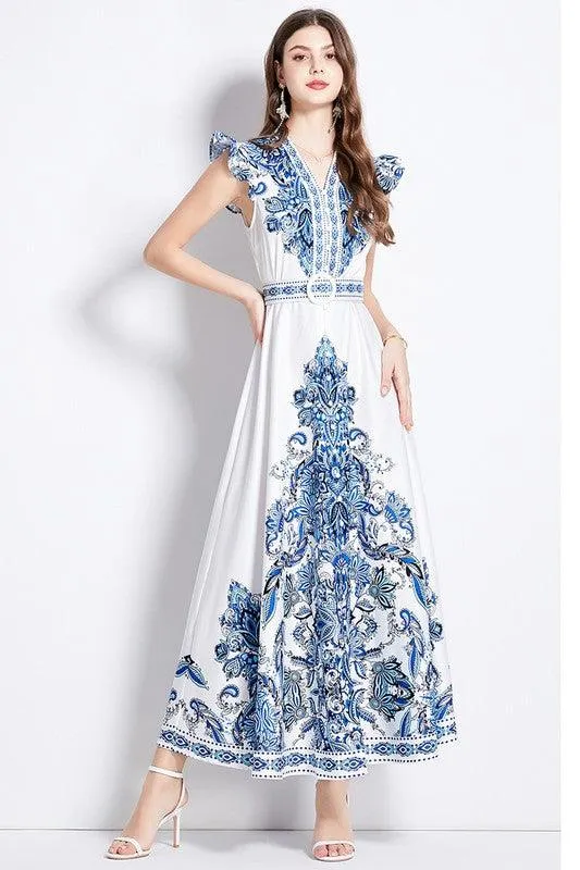 Blue Flutter Cap Sleeve Maxi Dress