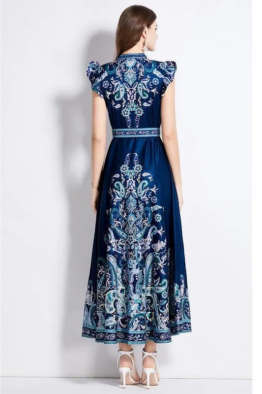 Blue Flutter Cap Sleeve Maxi Dress