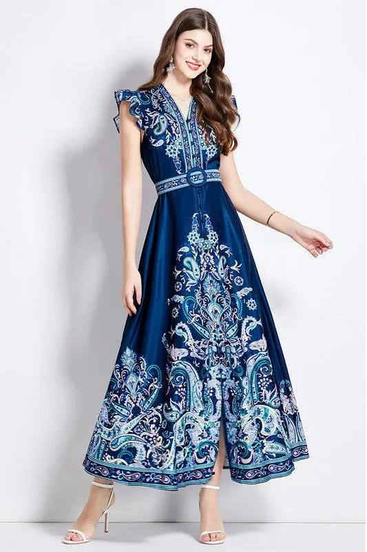 Blue Flutter Cap Sleeve Maxi Dress