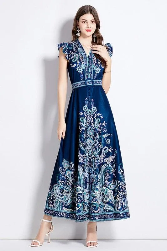 Blue Flutter Cap Sleeve Maxi Dress