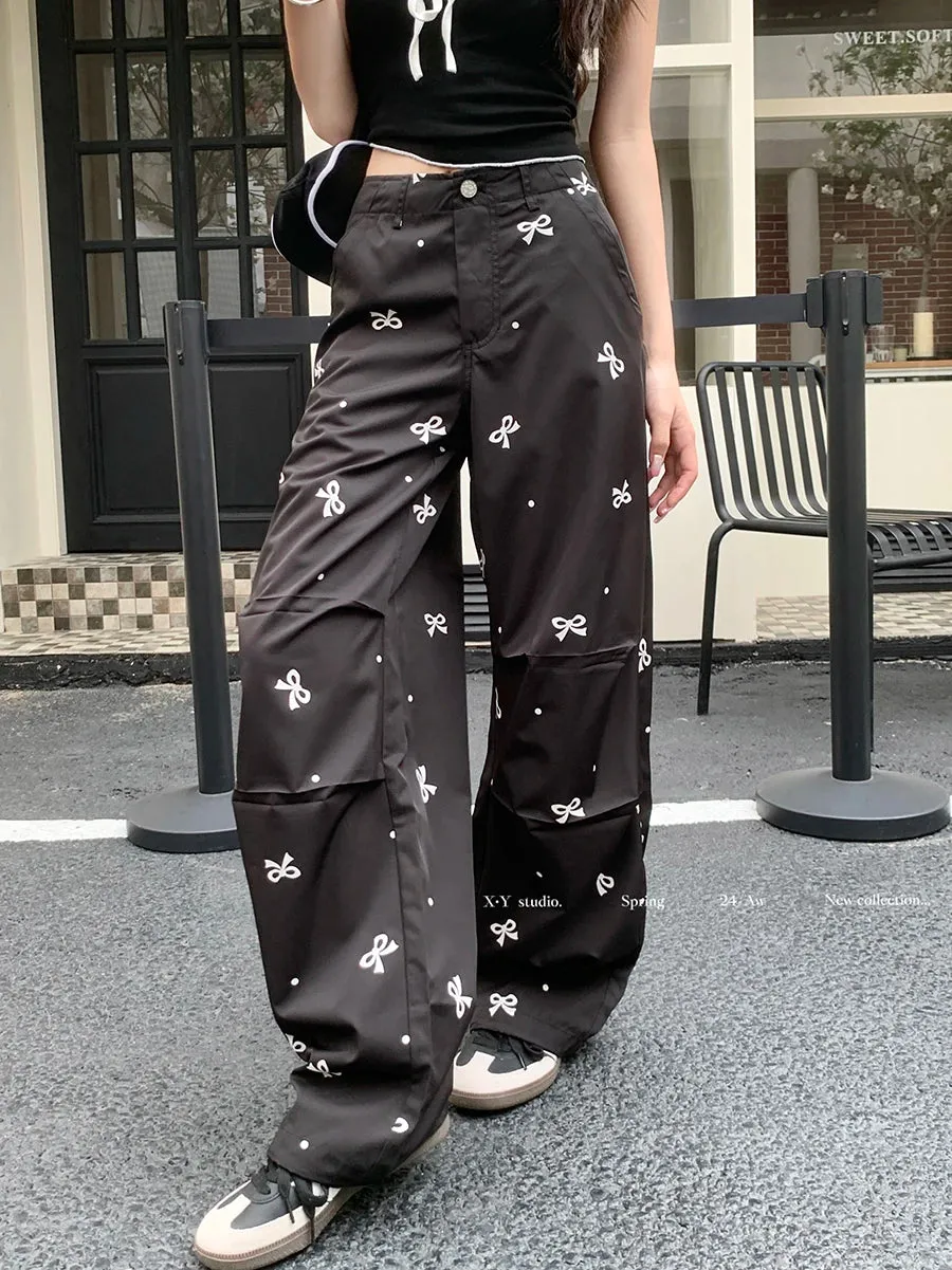 Bow Polka Dot Printed Korean Fashion Y2k Streetwear Loose Straight Wide Leg Pants