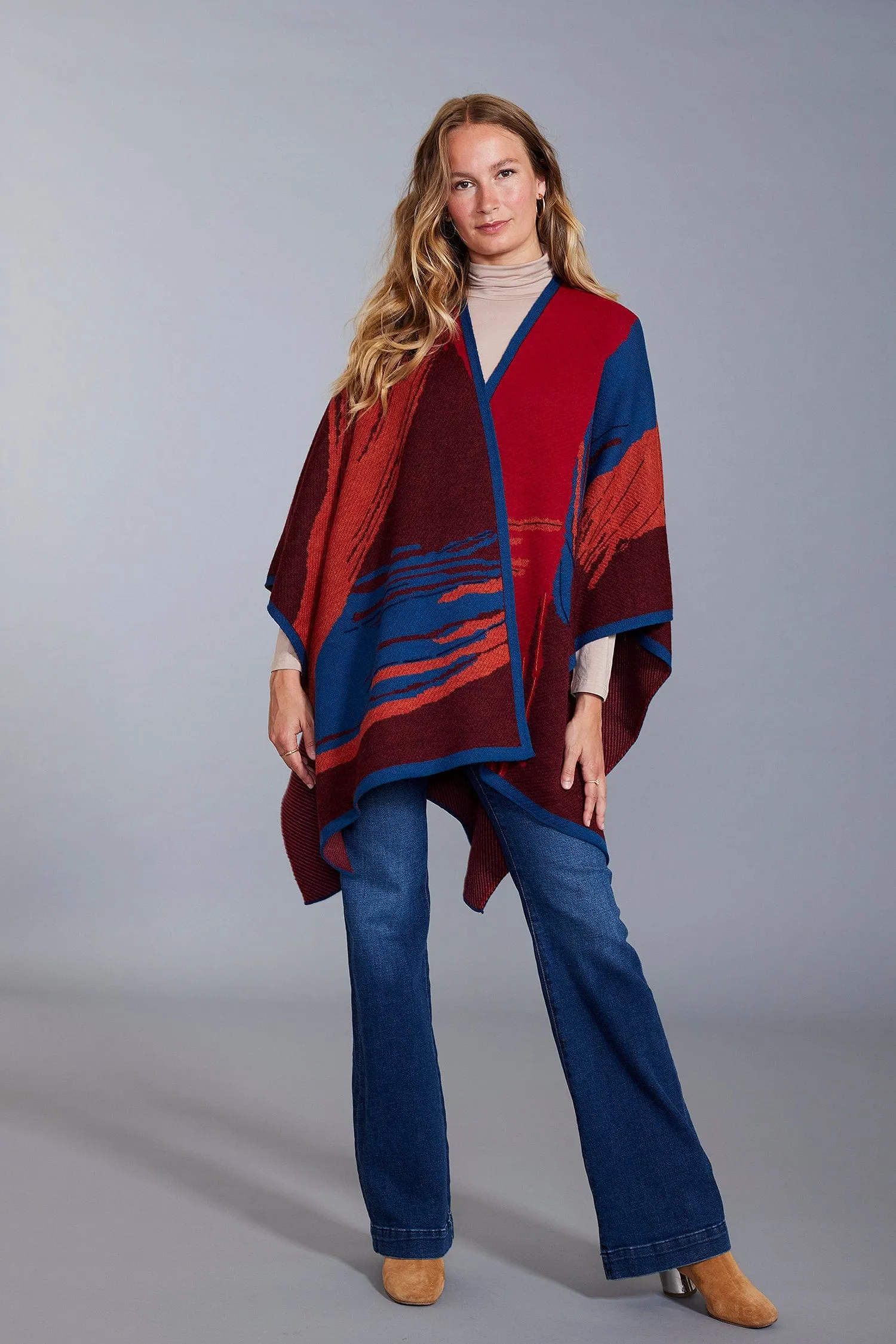 Brushstroke Embroidered Baby Alpaca Poncho - Women's Ruana Wrap