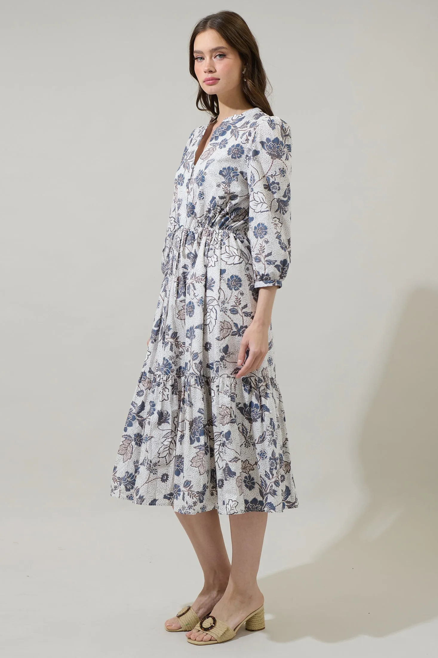 Bryony Floral Zinnia Split Neck Midi Dress