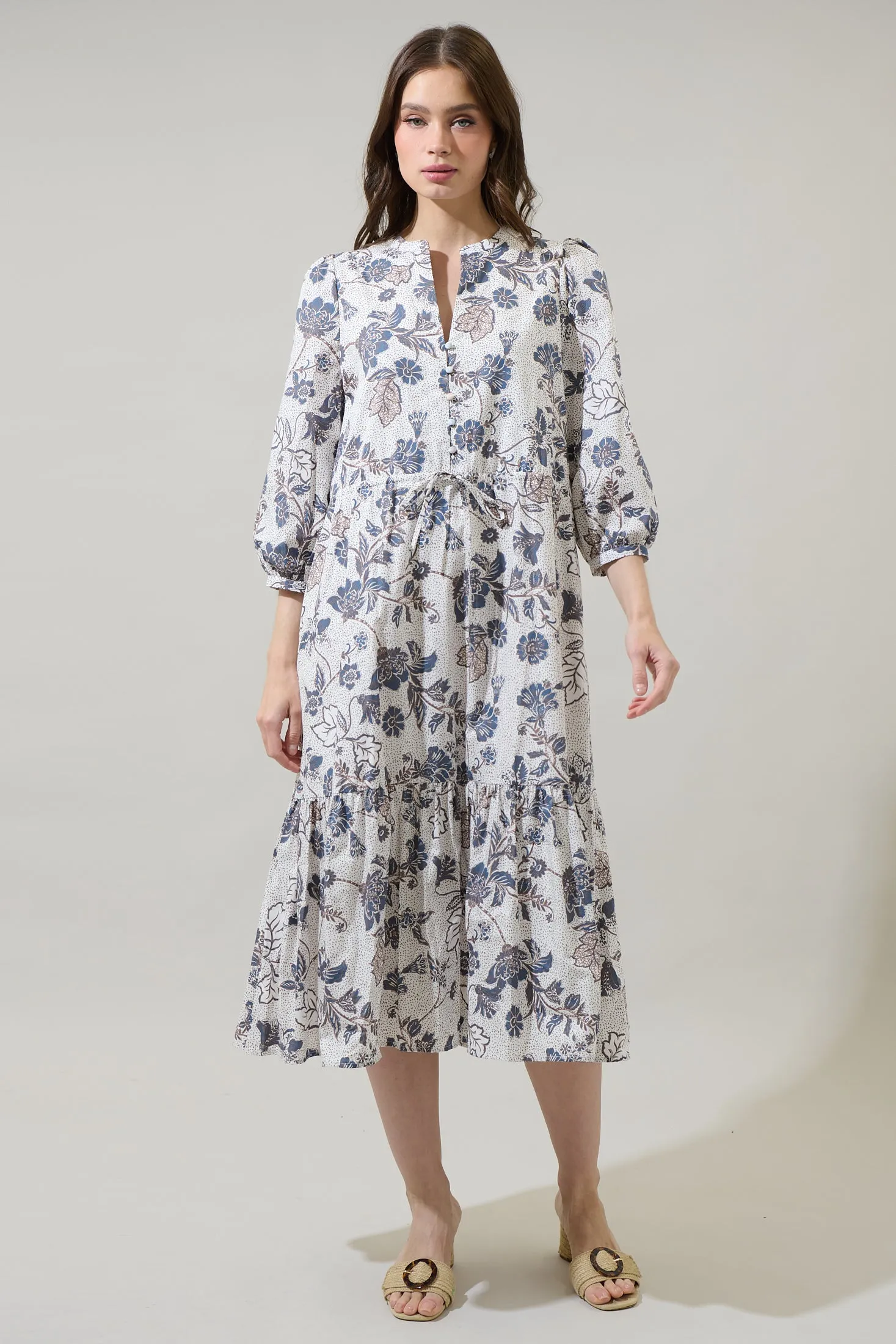 Bryony Floral Zinnia Split Neck Midi Dress