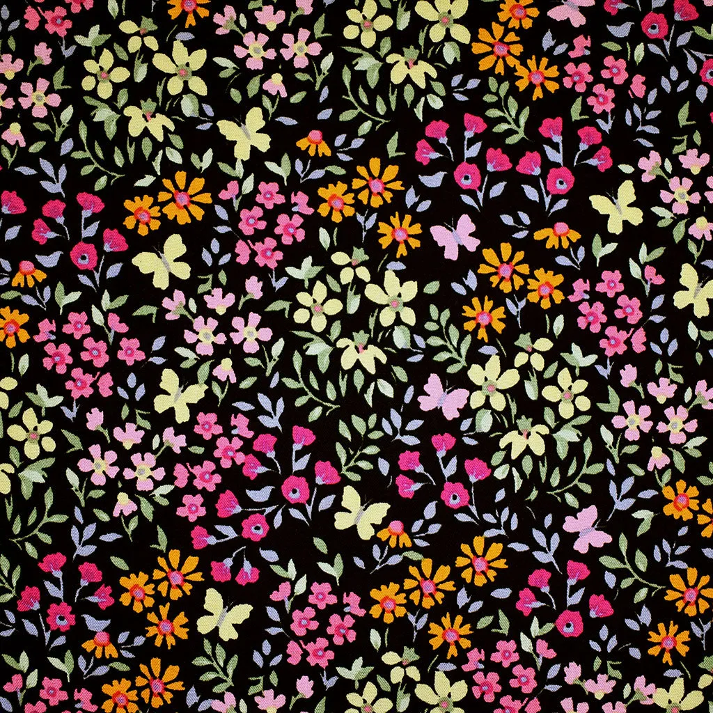 Butterfly Garden Floral Rayon Challis Black/Pink