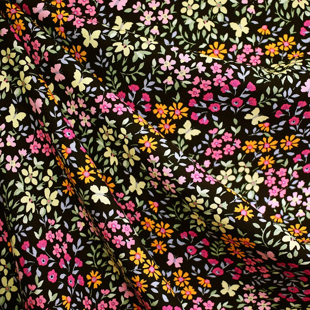 Butterfly Garden Floral Rayon Challis Black/Pink