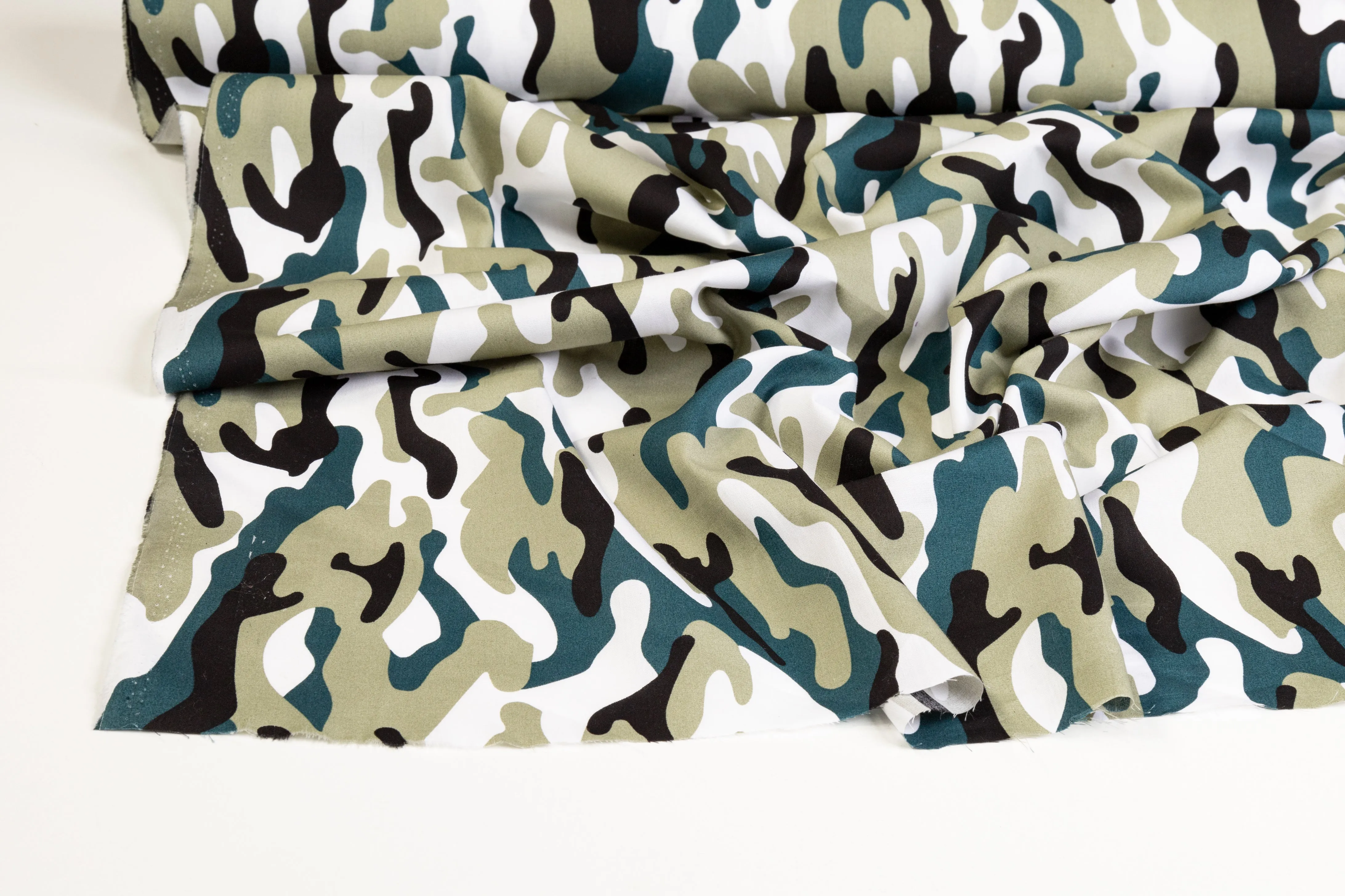 Camo Print Cotton - Khaki, Teal, Black, White