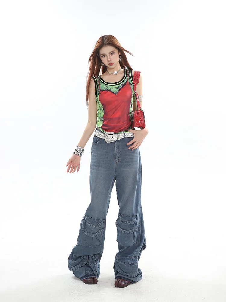 Casablanca Denim Blue Mid Waist Straight Leg Three-Dimensional Multi-Pocket Cargo Jeans Pants