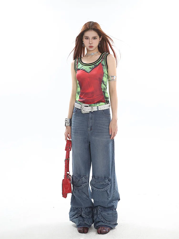 Casablanca Denim Blue Mid Waist Straight Leg Three-Dimensional Multi-Pocket Cargo Jeans Pants