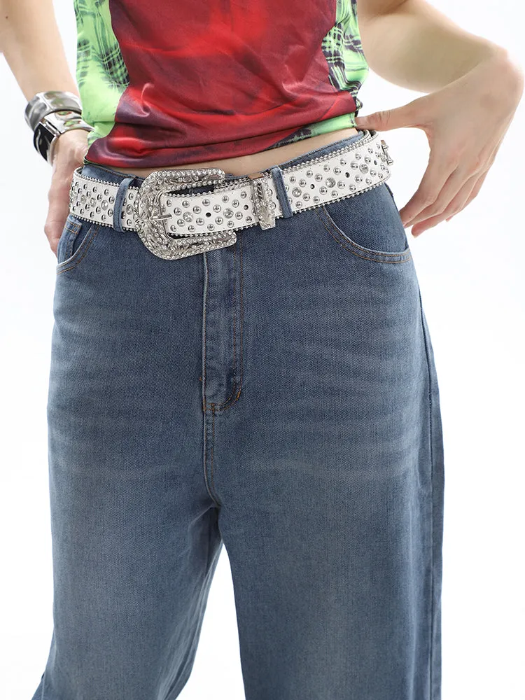 Casablanca Denim Blue Mid Waist Straight Leg Three-Dimensional Multi-Pocket Cargo Jeans Pants