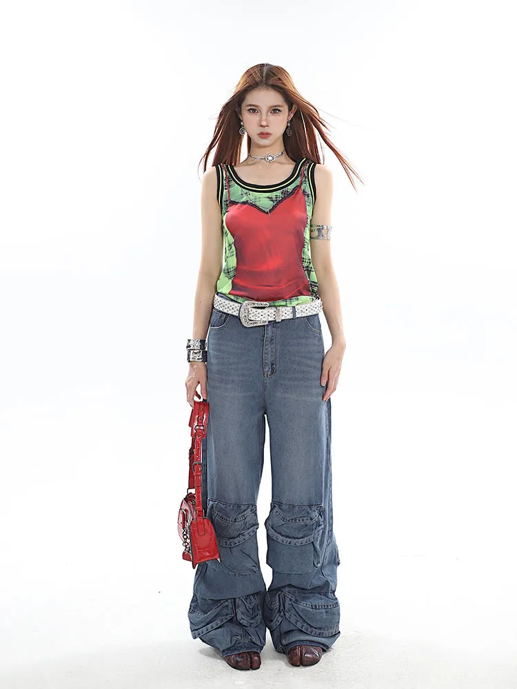 Casablanca Denim Blue Mid Waist Straight Leg Three-Dimensional Multi-Pocket Cargo Jeans Pants