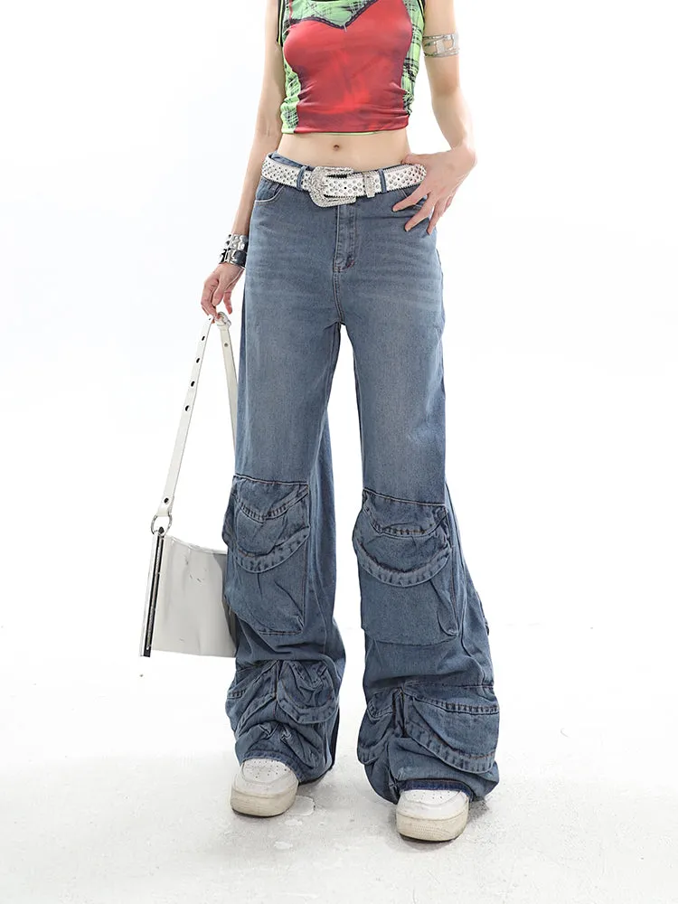 Casablanca Denim Blue Mid Waist Straight Leg Three-Dimensional Multi-Pocket Cargo Jeans Pants