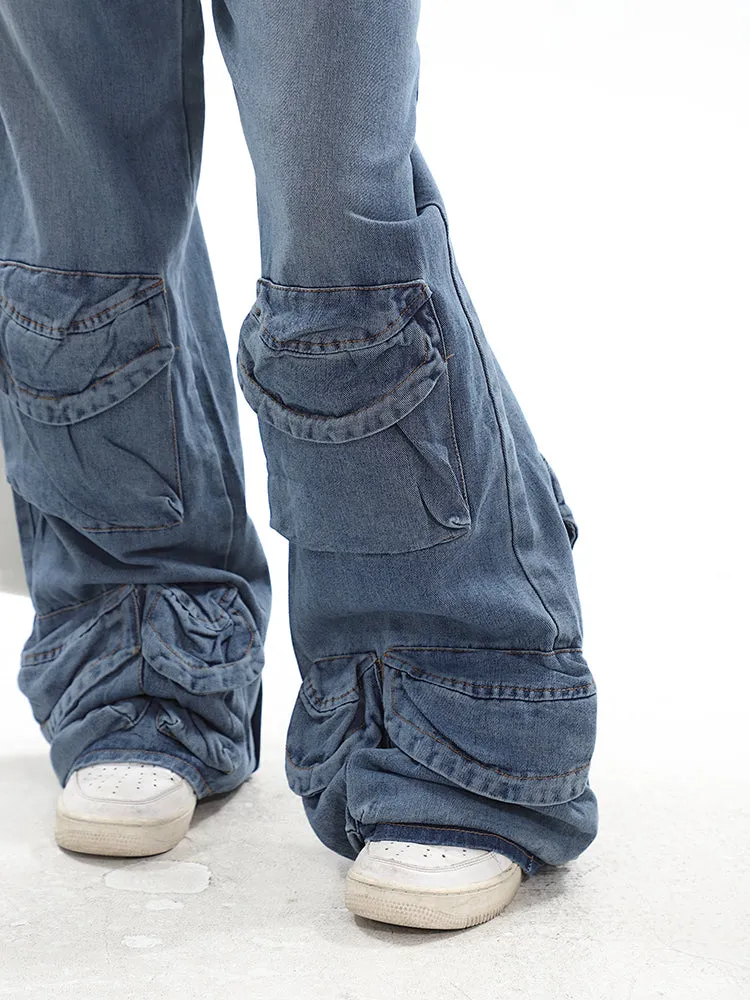 Casablanca Denim Blue Mid Waist Straight Leg Three-Dimensional Multi-Pocket Cargo Jeans Pants