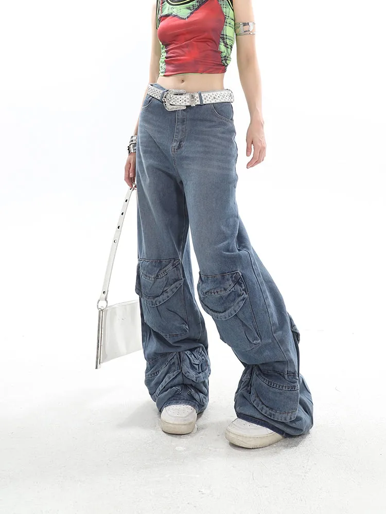 Casablanca Denim Blue Mid Waist Straight Leg Three-Dimensional Multi-Pocket Cargo Jeans Pants