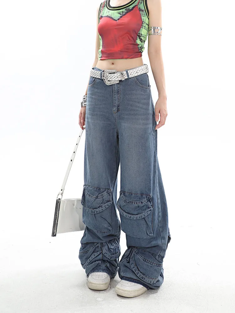 Casablanca Denim Blue Mid Waist Straight Leg Three-Dimensional Multi-Pocket Cargo Jeans Pants