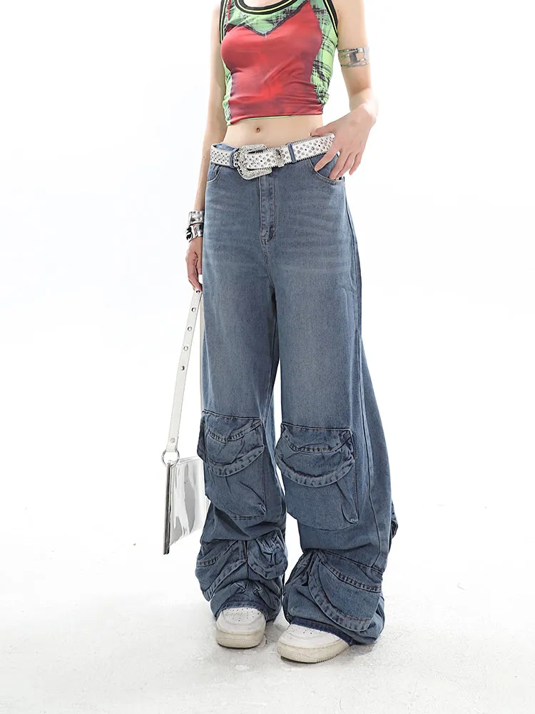 Casablanca Denim Blue Mid Waist Straight Leg Three-Dimensional Multi-Pocket Cargo Jeans Pants