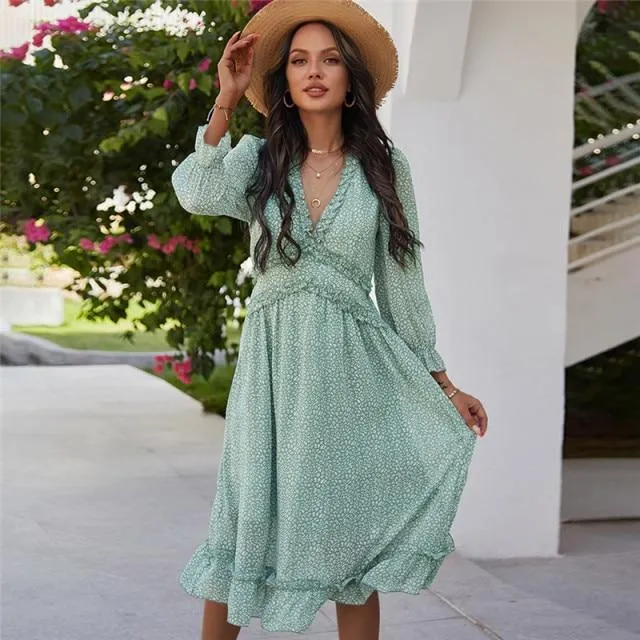 Casual Butterfly Sleeve High Waist Chiffon Dress