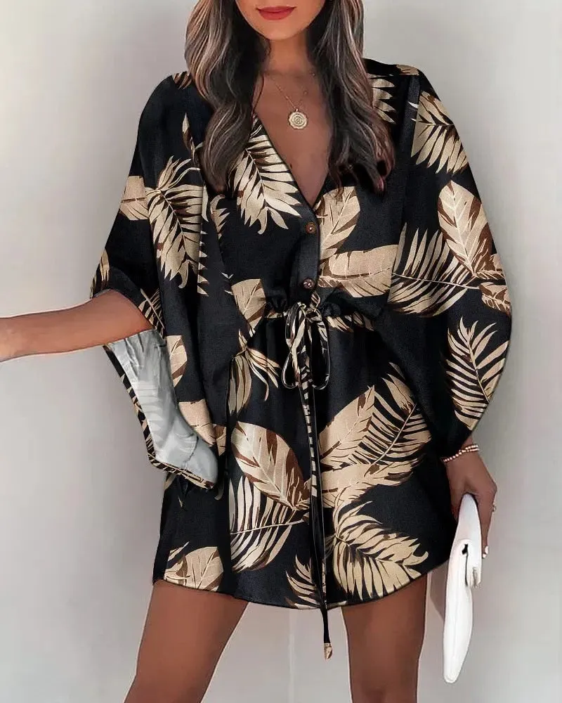 Casual Flora Print Batwing Sleeve Lace-Up Dress