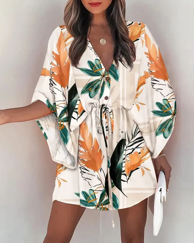 Casual Flora Print Batwing Sleeve Lace-Up Dress