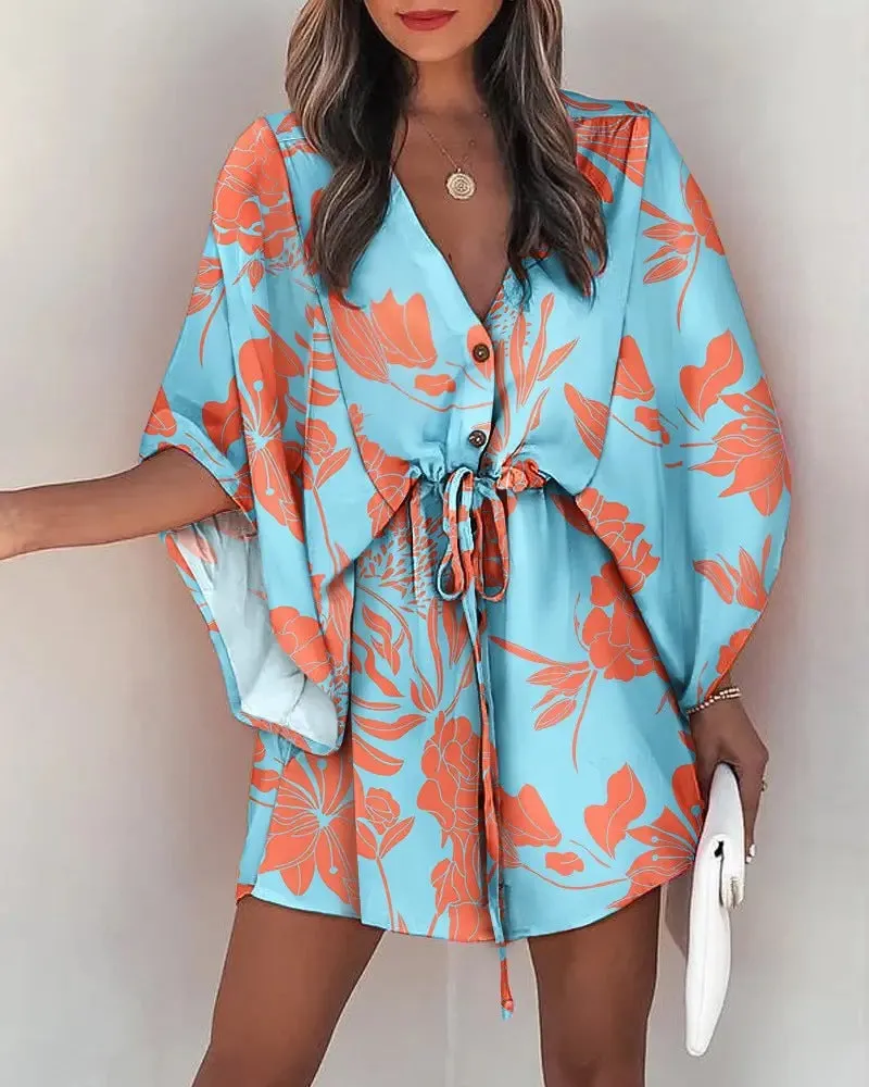 Casual Flora Print Batwing Sleeve Lace-Up Dress