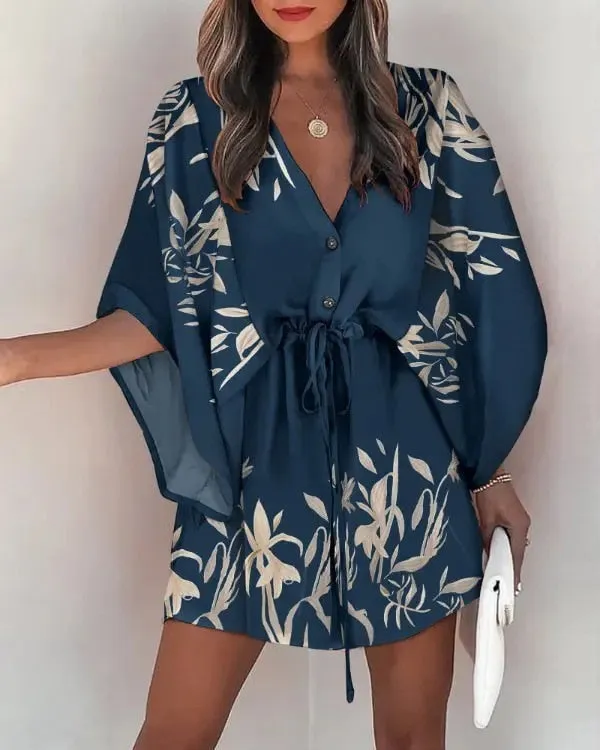 Casual Flora Print Batwing Sleeve Lace-Up Dress