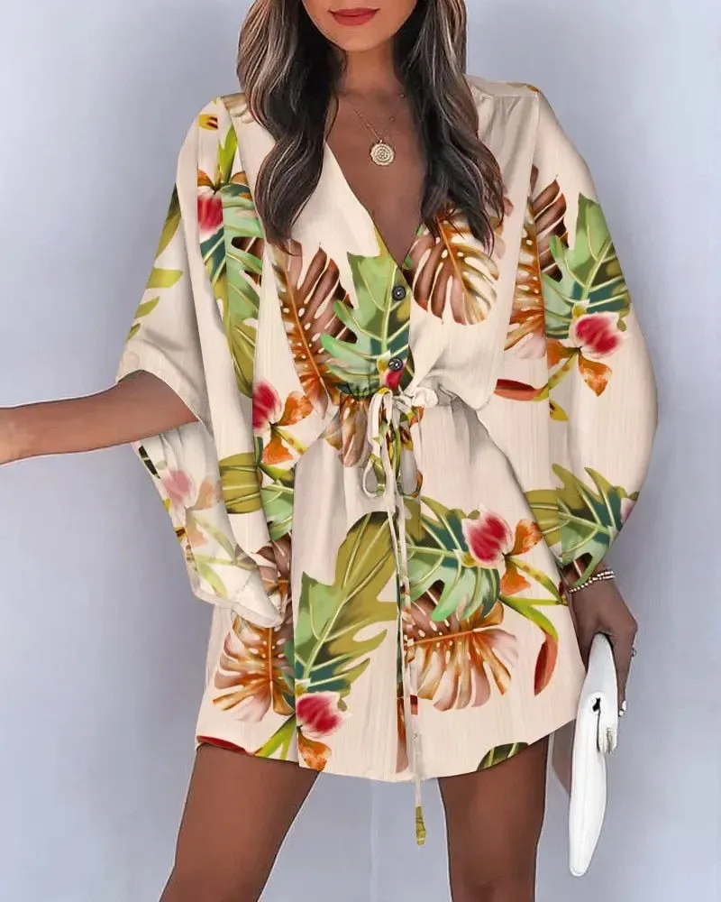 Casual Flora Print Batwing Sleeve Lace-Up Dress