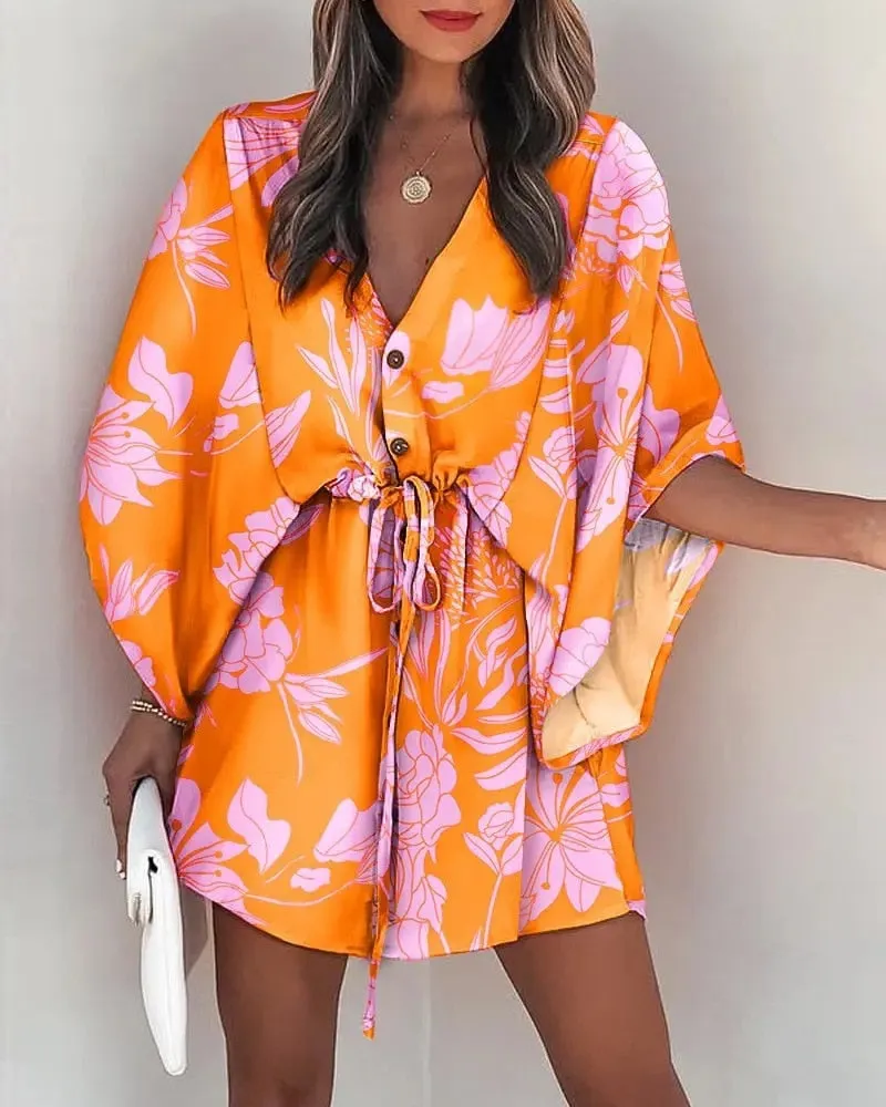 Casual Flora Print Batwing Sleeve Lace-Up Dress