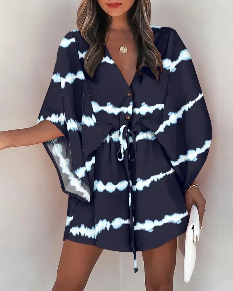 Casual Flora Print Batwing Sleeve Lace-Up Dress