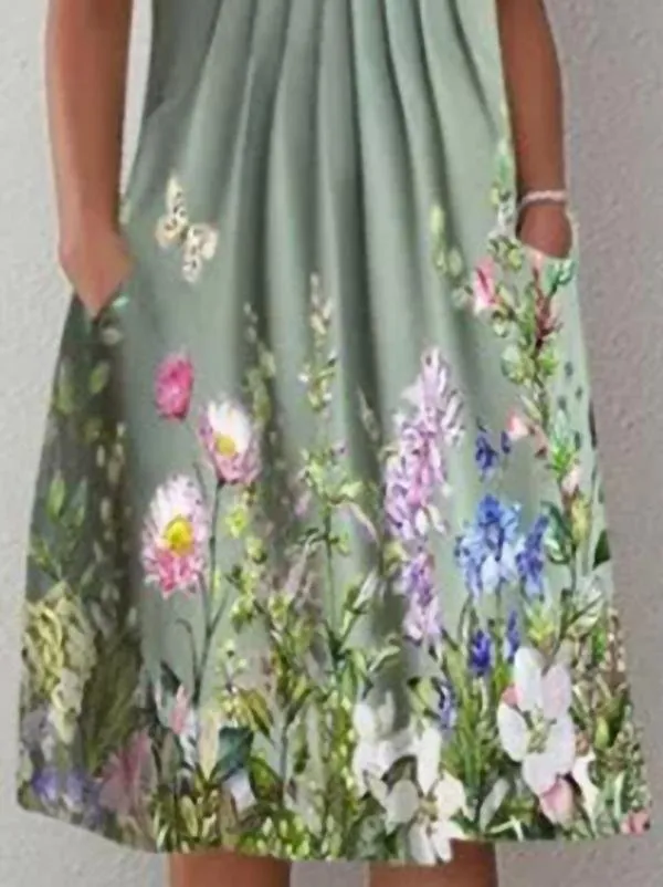 Casual Floral Round Neck Mid-length Straight Dress