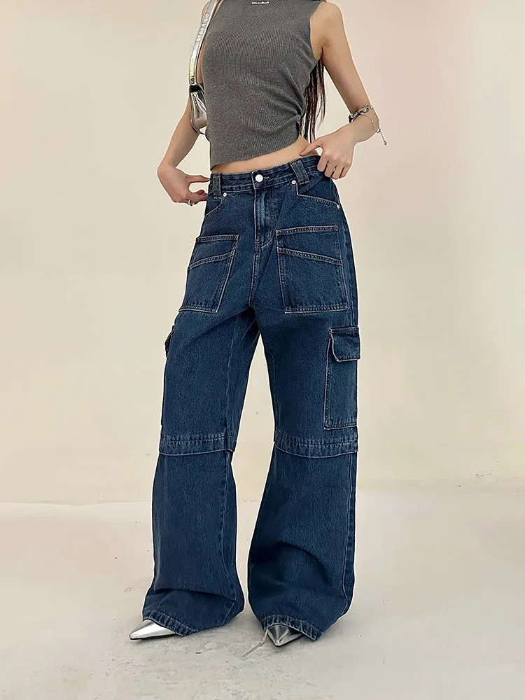 Cherie Denim High Waist Patchwork Multi-Pocket Straight Leg Cargo Jeans Pants