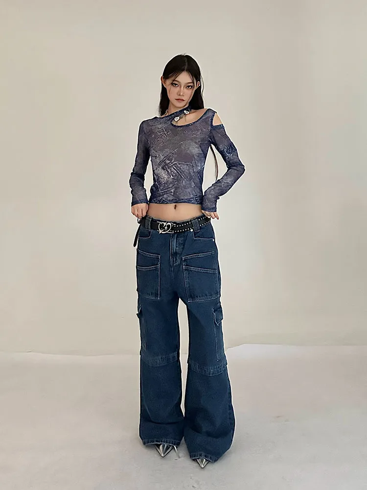 Cherie Denim High Waist Patchwork Multi-Pocket Straight Leg Cargo Jeans Pants