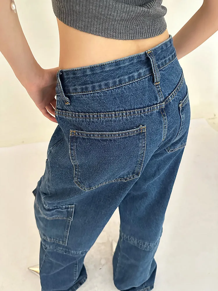 Cherie Denim High Waist Patchwork Multi-Pocket Straight Leg Cargo Jeans Pants