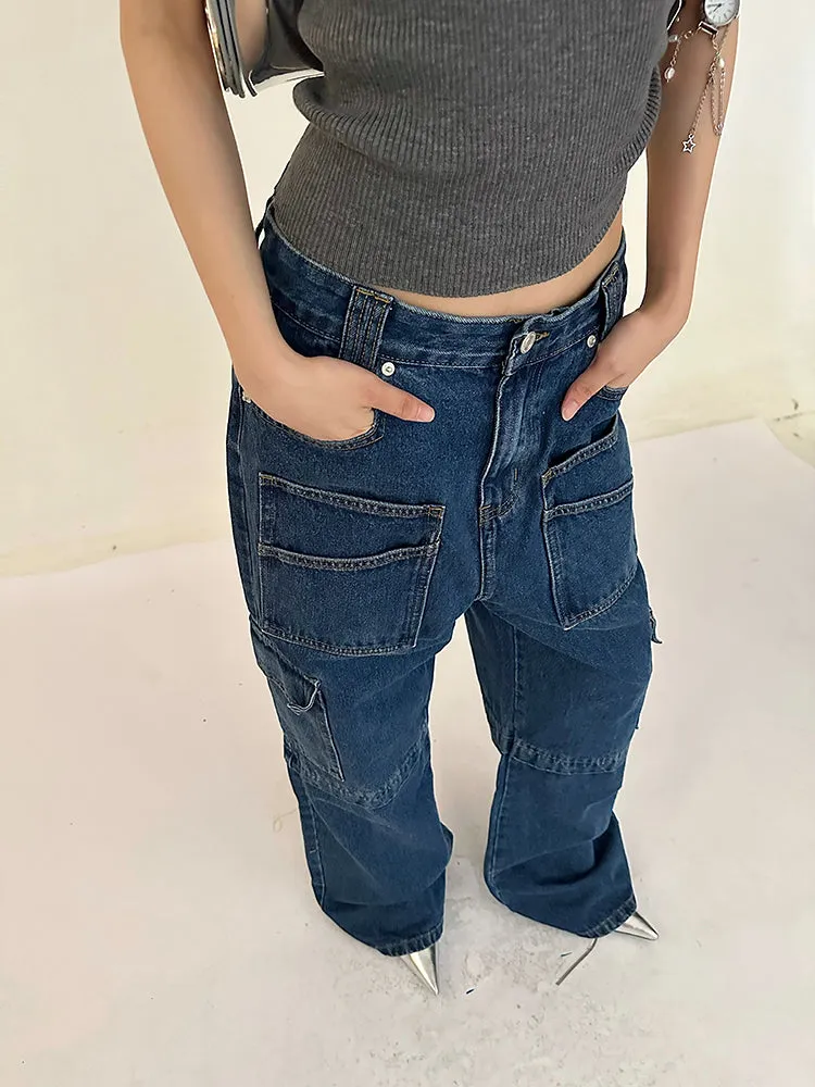 Cherie Denim High Waist Patchwork Multi-Pocket Straight Leg Cargo Jeans Pants