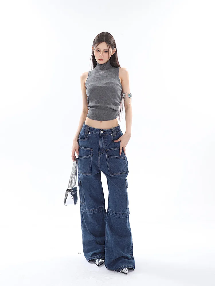 Cherie Denim High Waist Patchwork Multi-Pocket Straight Leg Cargo Jeans Pants